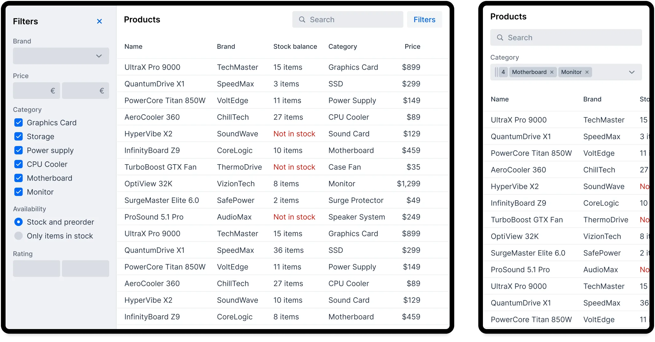 Desktop UI on the left; Mobile UI with less filters on the right