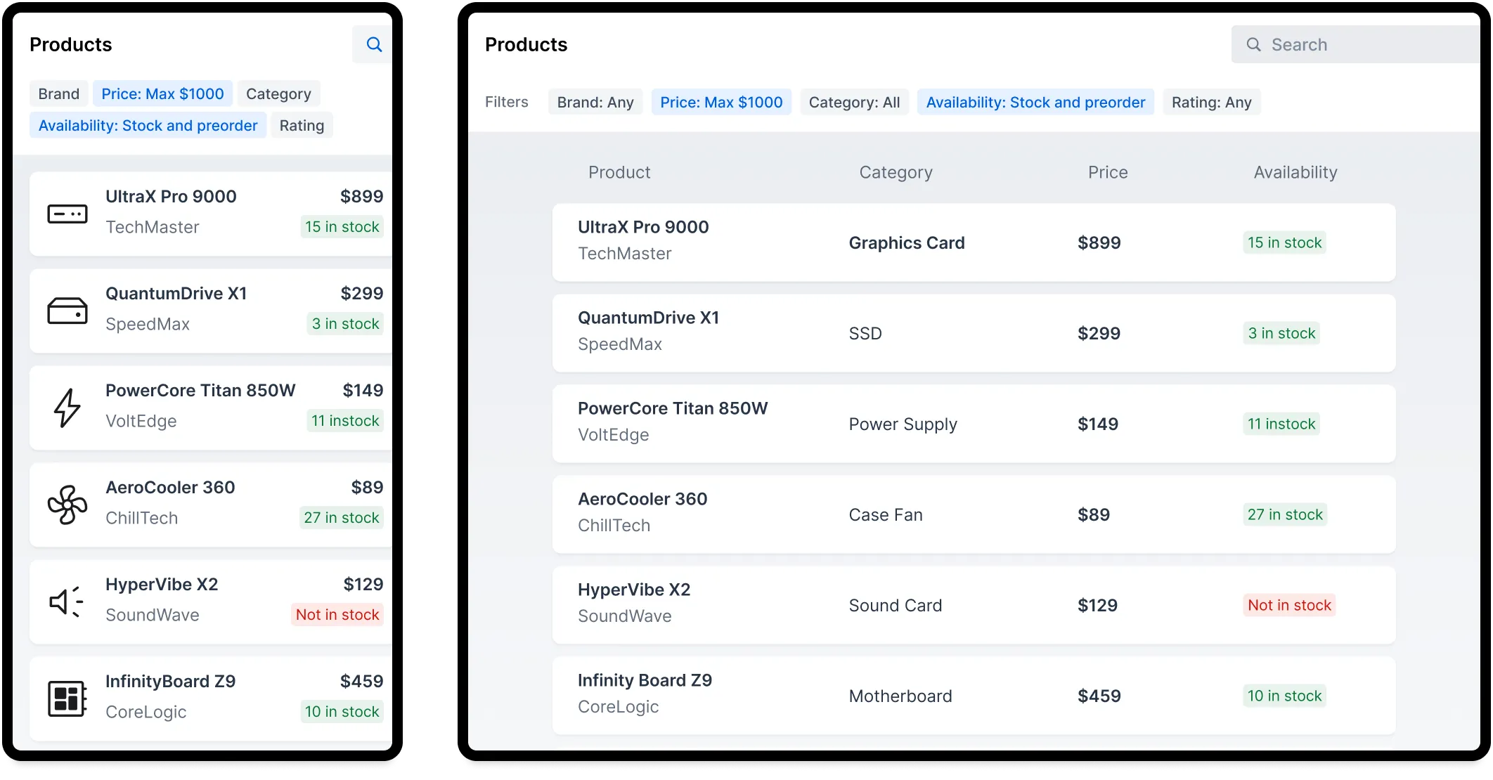 Mobile UI with a list of cards on left; Desktop UI with a list of cards on right
